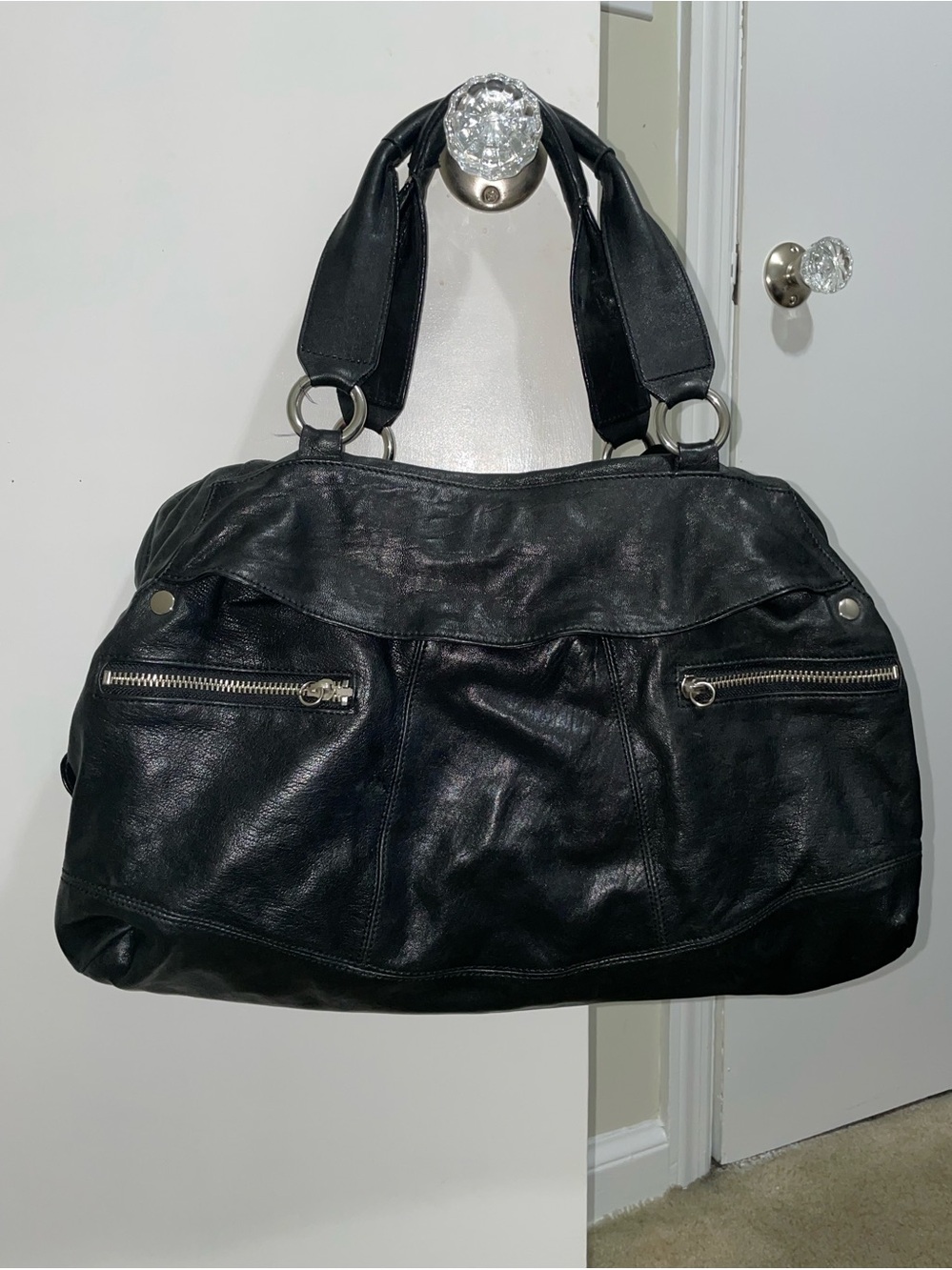 Andrew Marc Black Leather Double-Handle Shoulder Bag